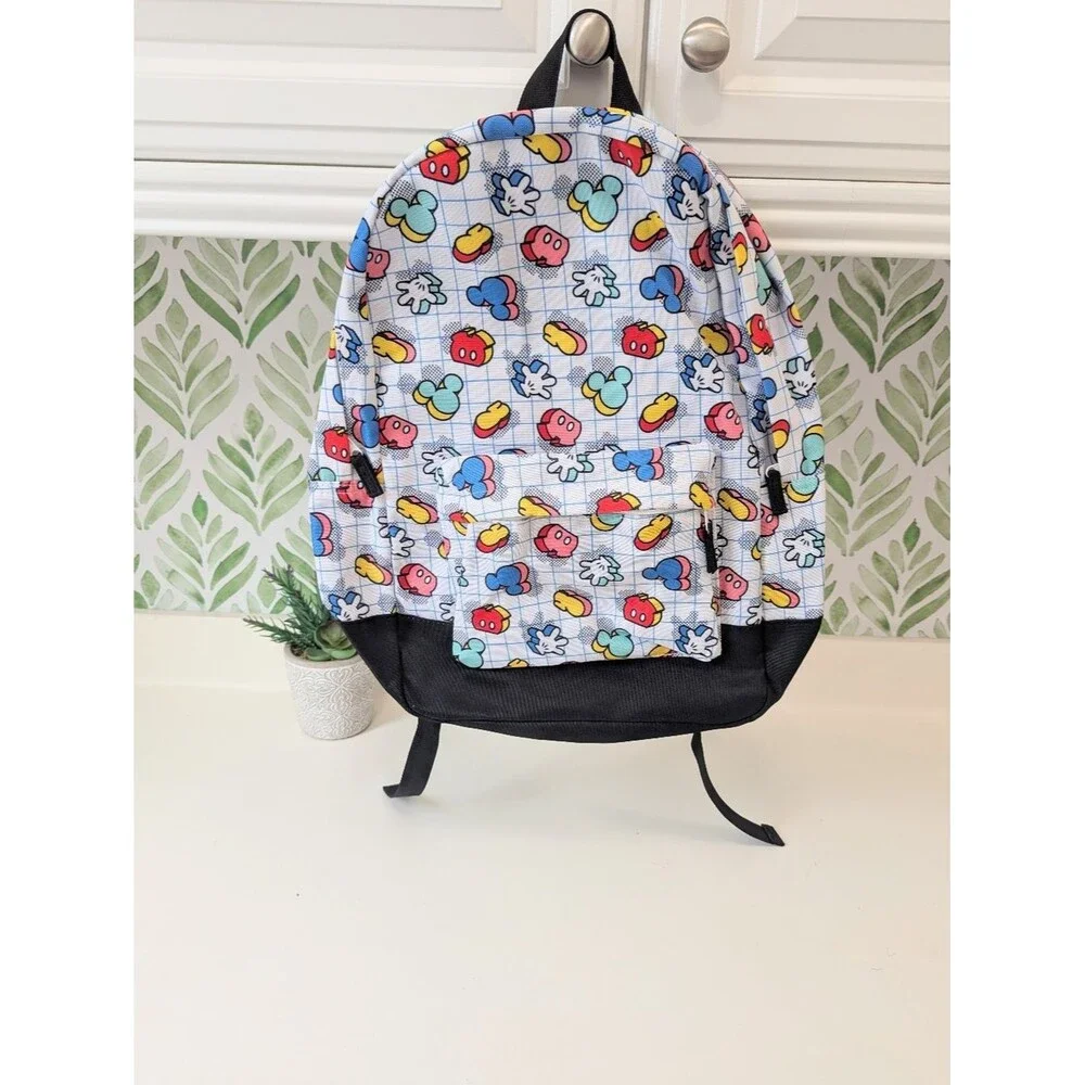 Mickey Mouse Disney White Backpack with Blue, Red, Yellow, Pink, Green Icons NWT